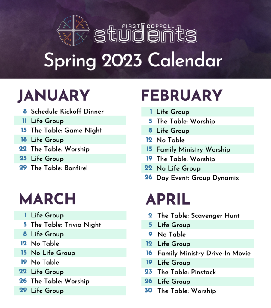 Student Ministry Spring 2023 Calendar